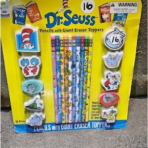 Dr. Suess & Friends 20 Pencils & Large Erasers Brand New & Sealed